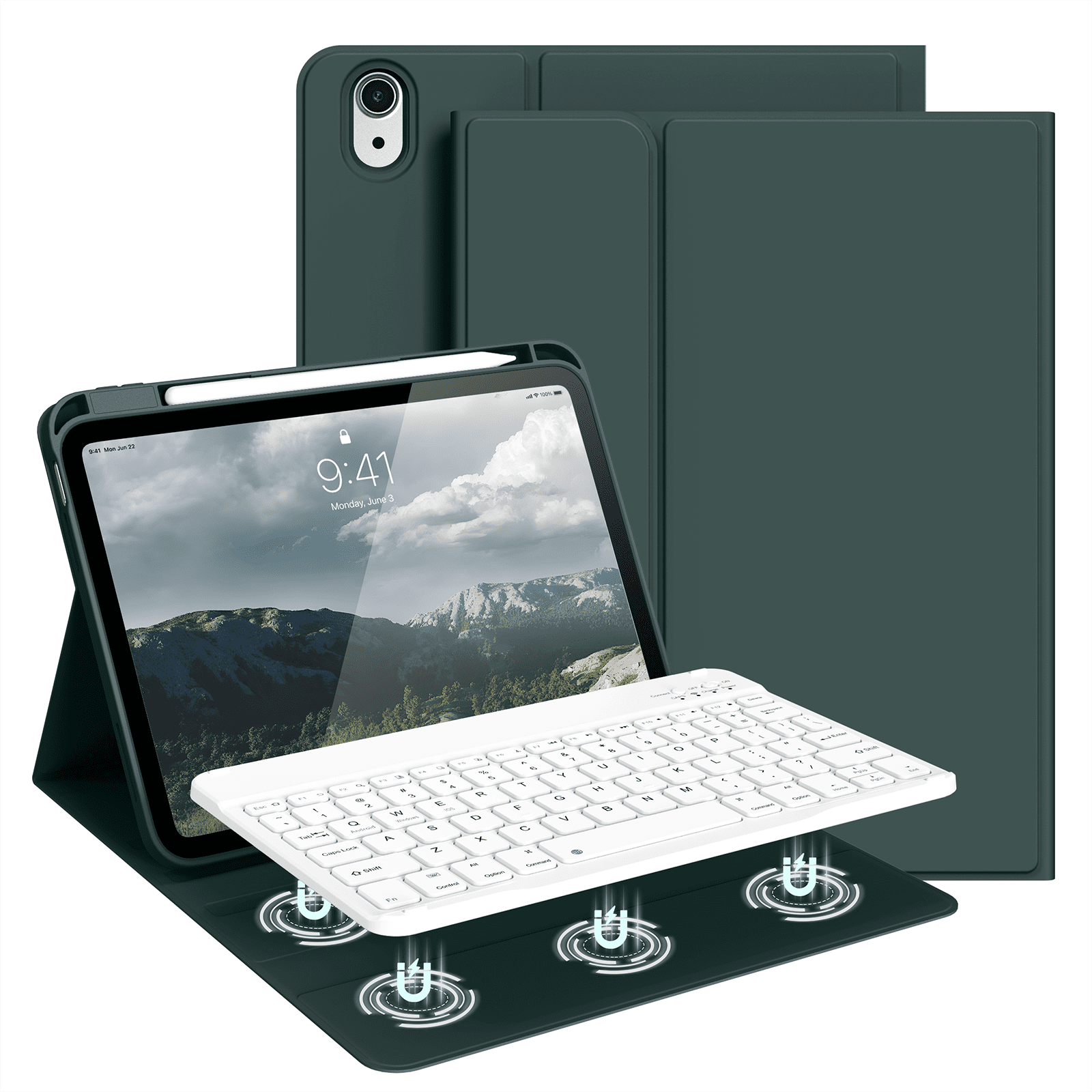 Kenke Case for iPad (A16) 11th Generation 11 inch 2025 with Keyboard,iPad 10th Generation 10.9 inch 2022 Detachable Bluetooth Keyboard Rechargeable,with Pencil Holder,Soft TPU Back Cover,Dark Green