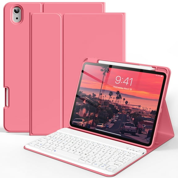 Kenke Case for iPad (A16) 11th Generation 11 inch 2025 with Keyboard,iPad 10th Generation 10.9 inch 2022 Detachable Bluetooth Keyboard Rechargeable,with Pencil Holder,Soft TPU Back Cover,Pink Red