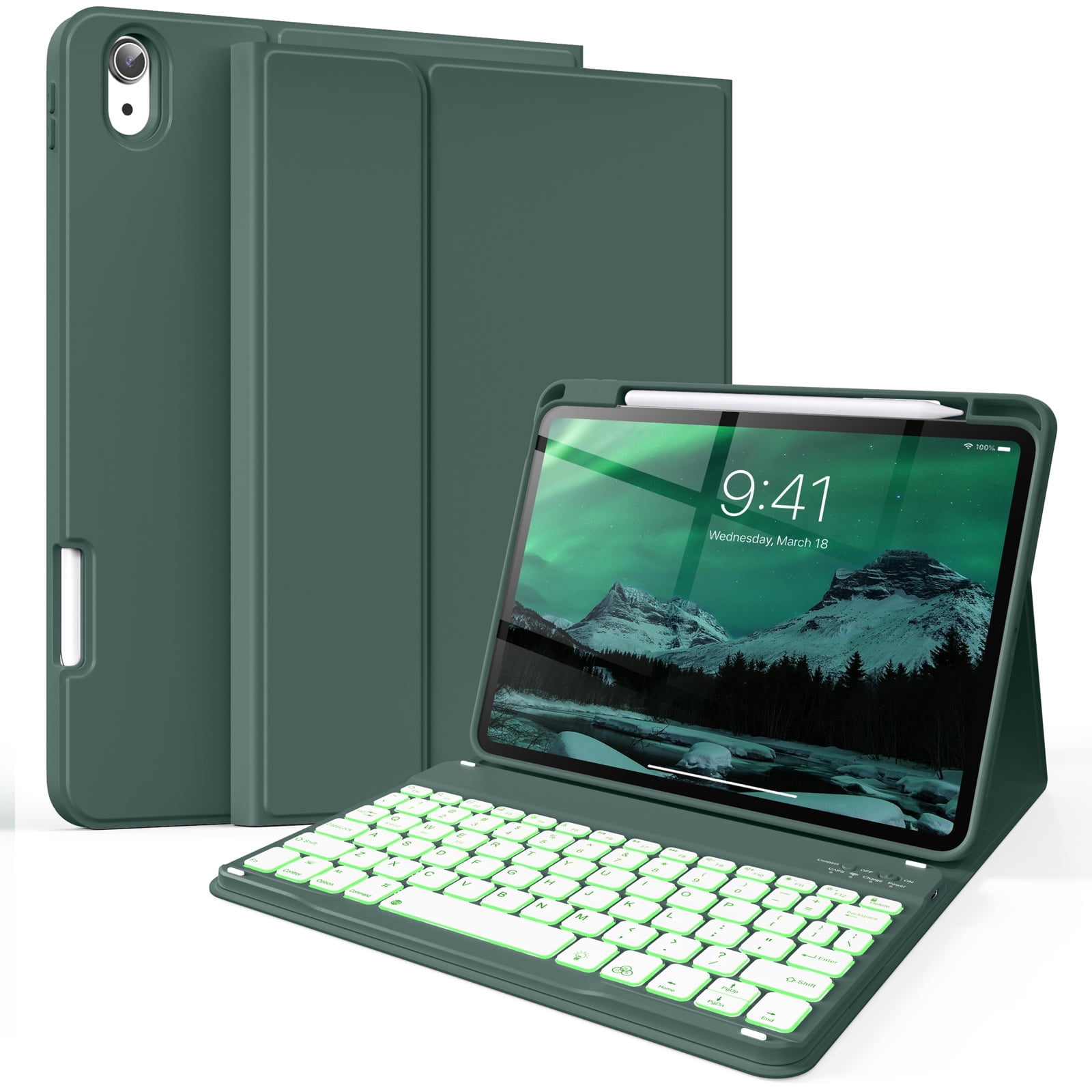 Kenke Case iPad (A16) 11th Generation 11 inch 2025,for iPad 10th Generation 10.9 Inch 2022 with Keyboard - 7 Colors Backlit Wireless Detachable, with Pencil Holder Keyboard Case, (Dark Green)
