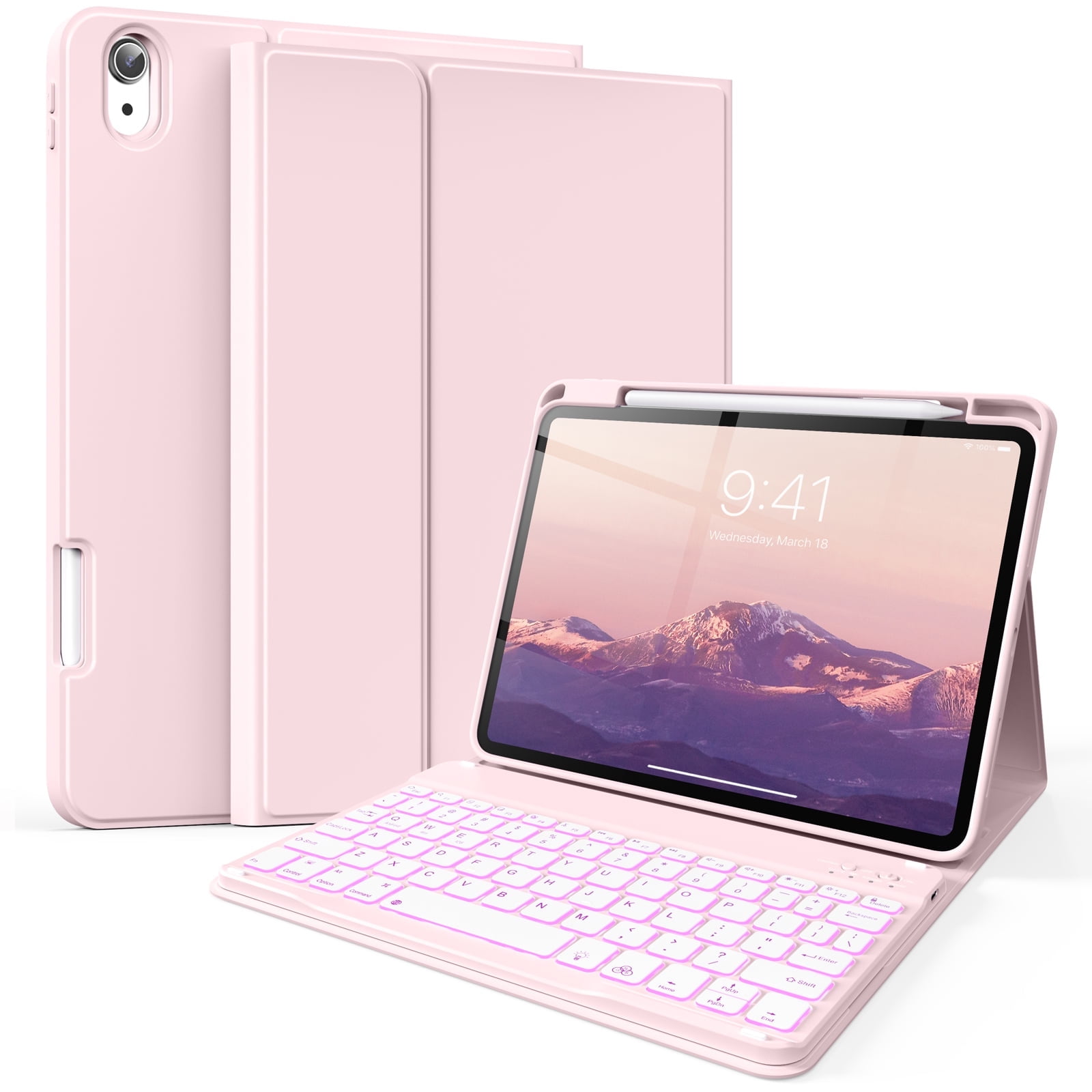 Kenke Case iPad (A16) 11th Generation 11 inch 2025,for iPad 10th Generation 10.9 Inch 2022 with Keyboard - 7 Colors Backlit Wireless Detachable, with Pencil Holder Keyboard Case,(Pink )
