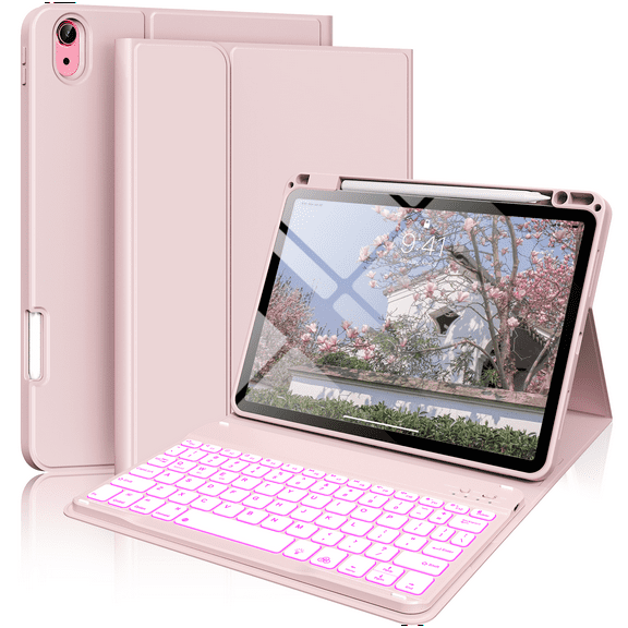 Kenke Keyboard Case for iPad Air 11-inch M3/M2 (2025/2024), iPad Air 5th/4th Generation (2022/2020) - with Pencil Holder,7 Colors Backlit Keyboard,Wireless Detachable Keyboard Cover,(Pink)