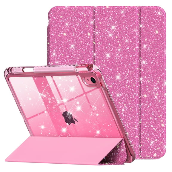 Kenke Compatible with iPad A16 11th Generation 11 Inch 2025 Case, iPad Case 10th Generation 10.9 Inch, Glitter Cover with Sparkly Clear Back, Pencil Holder, for Kids Girls, (Rose Pink)