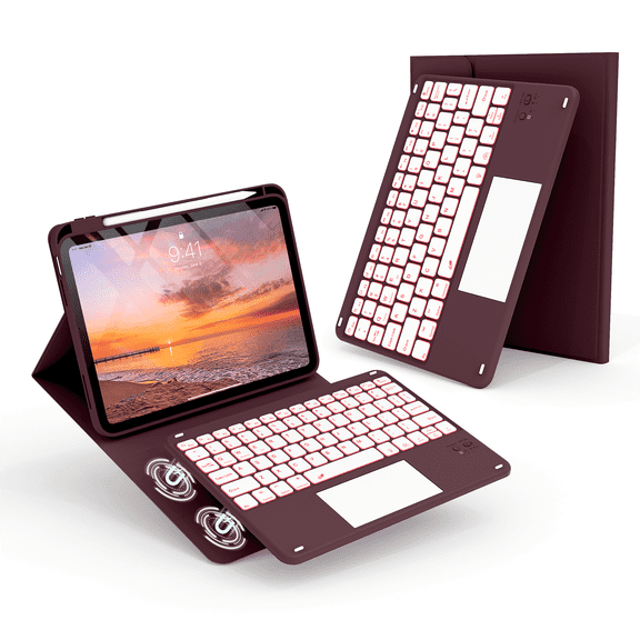 Kenke Keyboard Case Compatible for iPad (A16) 11/10th Generation 11/10.9 inch 2025/2020,Folio Cover with Pencil Holder, Multi-Touch Trackpad,7 Color Backlit,Detachable Bluetooth Keyboard, Dark Cherry