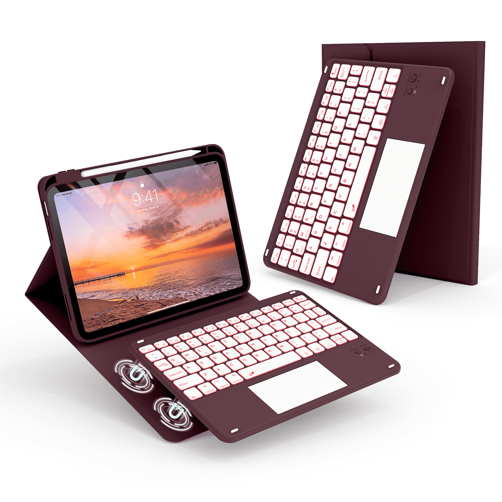 Kenke Keyboard Case Compatible for iPad (A16) 11/10th Generation 11/10.9 inch 2025/2020,Folio Cover with Pencil Holder, Multi-Touch Trackpad,7 Color Backlit,Detachable Bluetooth Keyboard, Dark Cherry