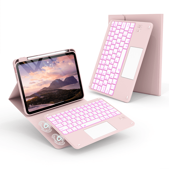 Kenke Keyboard Case Compatible for iPad (A16) 11/10th Generation 11/10.9 inch 2025/2020, Folio Cover with Pencil Holder, Multi-Touch Trackpad, 7 Color Backlit, Detachable Bluetooth Keyboard, Pink