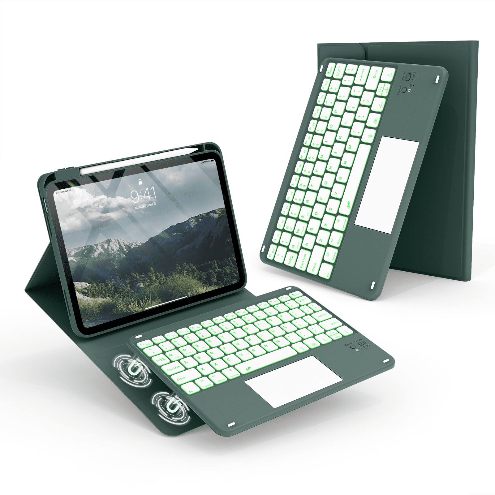 Kenke Keyboard Case Compatible for iPad (A16) 11/10th Generation 11/10.9 inch 2025/2020, Folio Cover with Pencil Holder,Multi-Touch Trackpad, 7 Color Backlit,Detachable Bluetooth Keyboard, Dark Green