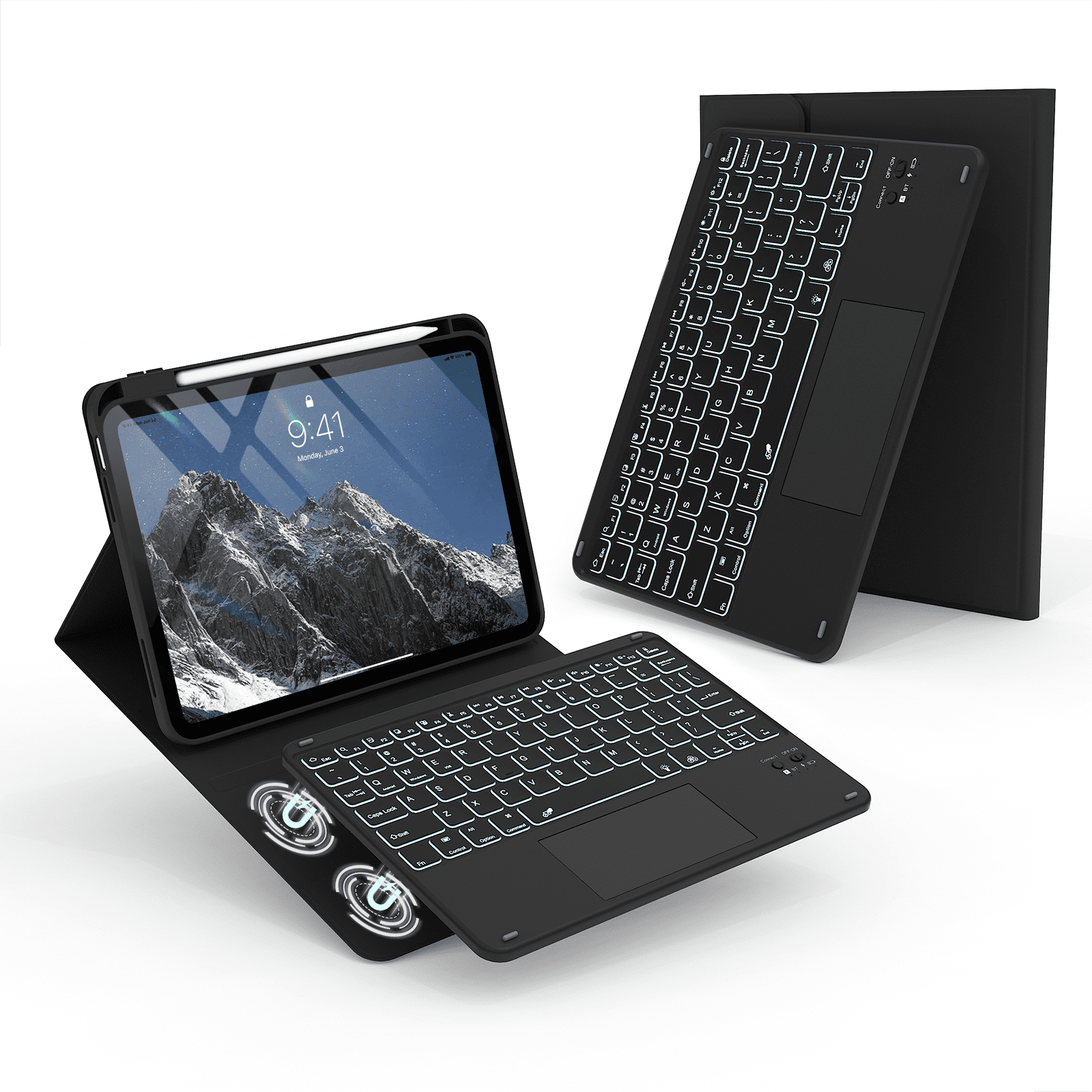 Kenke Keyboard Case Compatible for iPad (A16) 11/10th Generation 11/10.9 inch 2025/2020, Folio Cover with Pencil Holder, Multi-Touch Trackpad, 7 Color Backlit, Detachable Bluetooth Keyboard, Balck