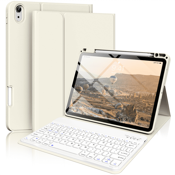 Kenke Keyboard Case iPad Air 11 Inch M3/M2 (2025/2024), iPad Air 5/4th Gen (2022/2020) 10.9 Inch, Detachable Bluetooth Keyboard Rechargeable with Right Side Pencil Holder & Groove, Cream White