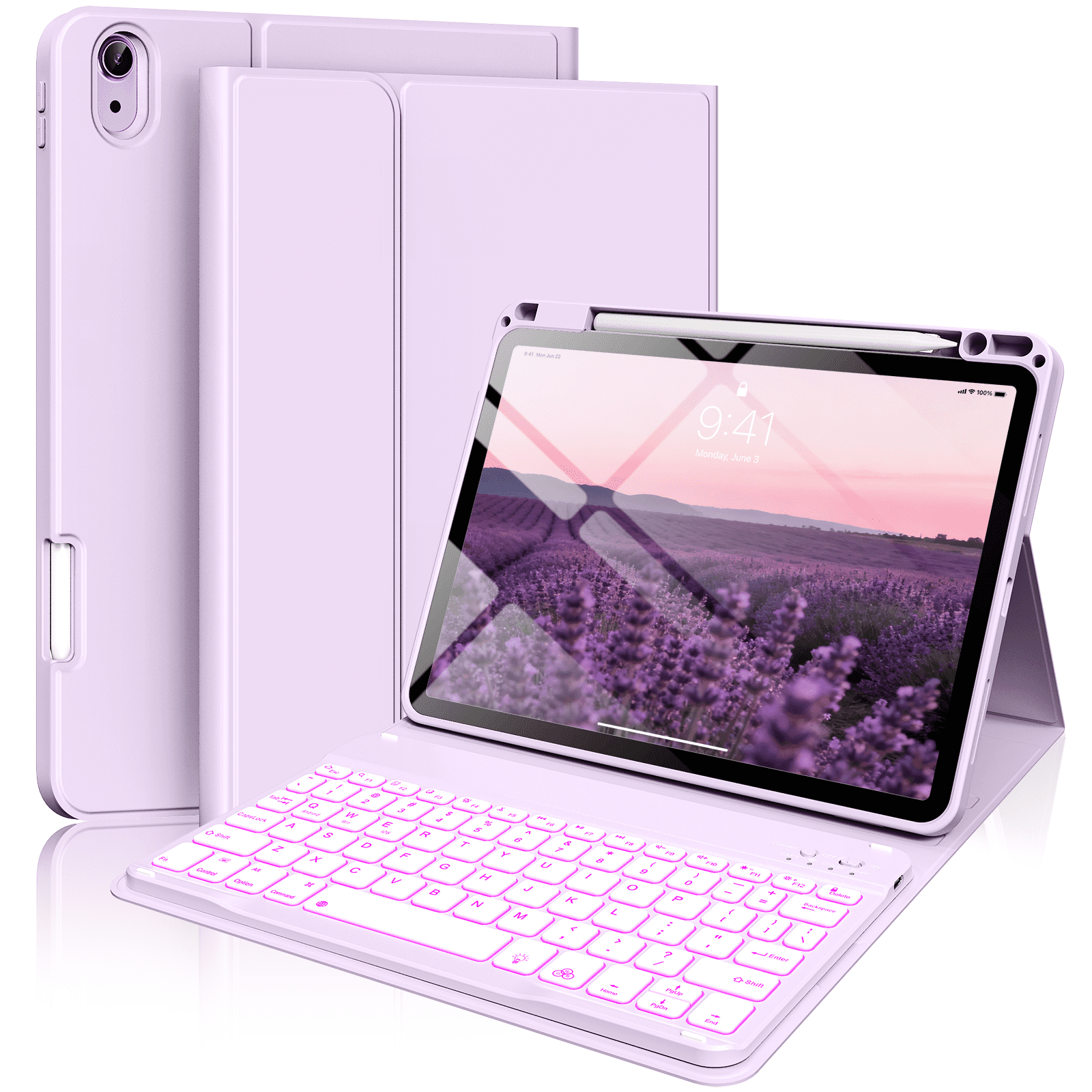 Kenke Keyboard Case for iPad Air 11-inch M3/M2 (2025/2024), iPad Air 5th/4th Generation (2022/2020) - with Pencil Holder,7 Colors Backlit Keyboard,Wireless Detachable Keyboard Cover,(Purple)