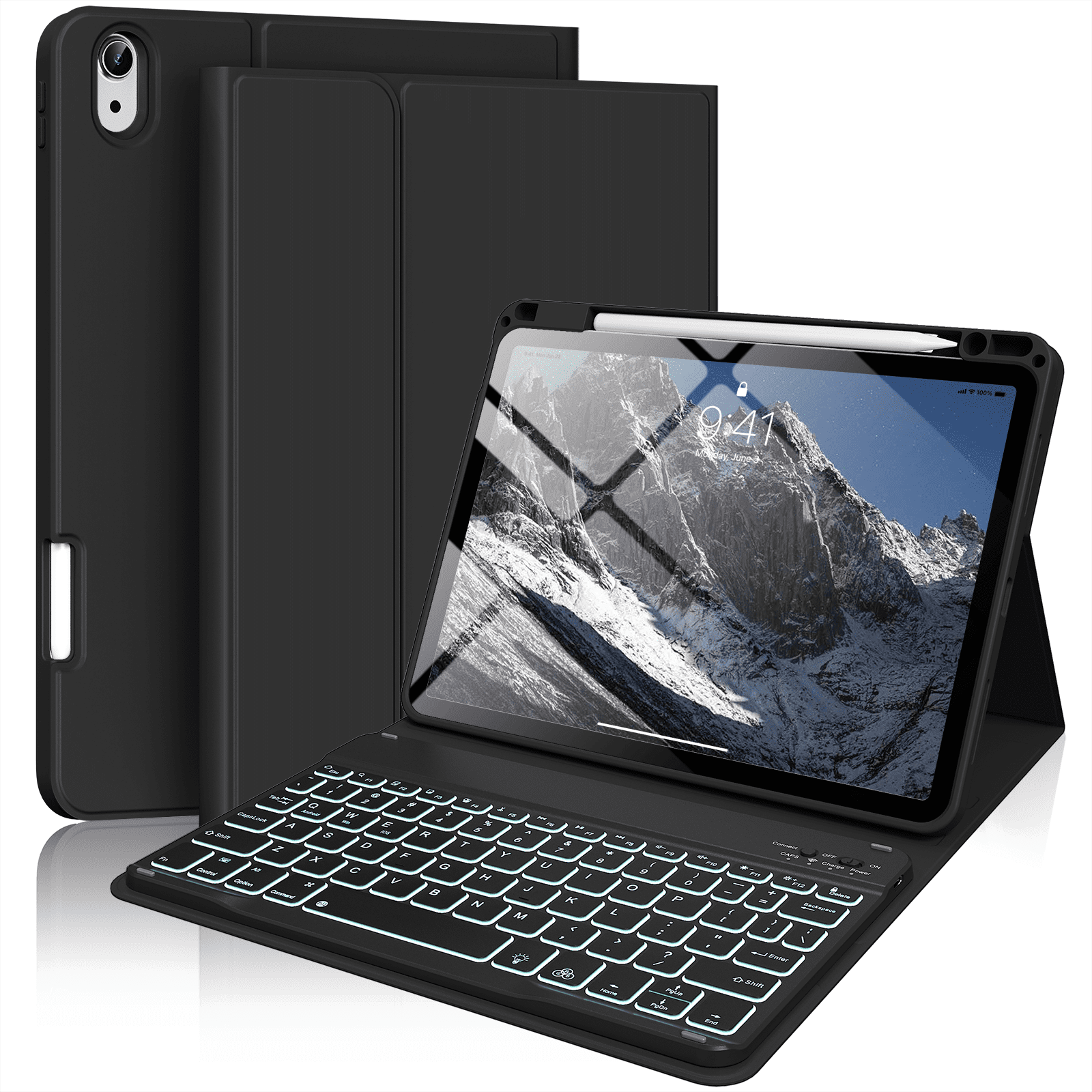 Kenke Keyboard Case for iPad Air 11-inch M3/M2 (2025/2024), iPad Air 5th/4th Generation (2022/2020) - with Pencil Holder,7 Colors Backlit Keyboard,Wireless Detachable Keyboard Cover,(Black)