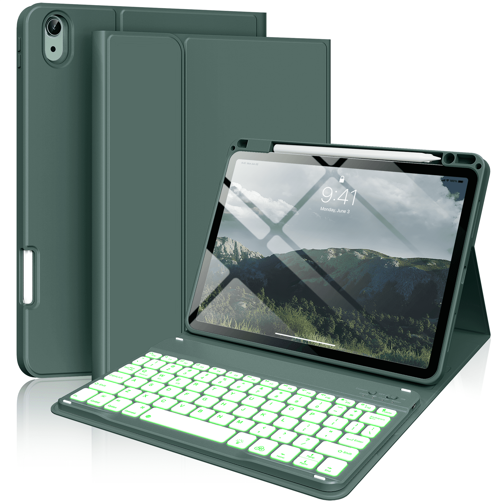 Kenke Keyboard Case for iPad Air 11-inch M3/M2 (2025/2024), iPad Air 5th/4th Generation (2022/2020) - with Pencil Holder,7 Colors Backlit Keyboard,Wireless Detachable Keyboard Cover,(Dark Green)