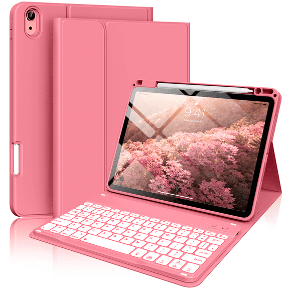 Kenke Keyboard Case for iPad Air 11-inch M4/M3/M2 (2026/2025/2024), iPad Air 5th/4th Generation (2022/2020) -with Pencil Holder,7 Colors Backlit Keyboard,Wireless Detachable Keyboard Cover, Pink Red