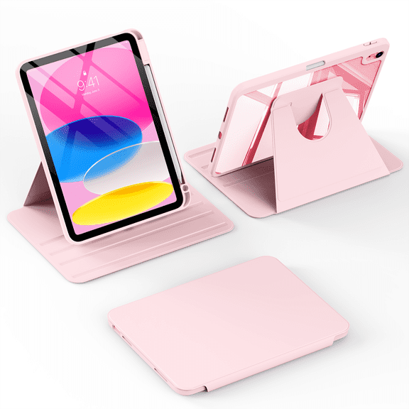 Kenke Rotating Case Compatible with iPad (A16) 11th/10th Generation (2025/2022), with Pencil Holder, Cover Clear Back Shockproof, 360 Degree Rotation Protective Stand, Auto Wake/Sleep, Pink