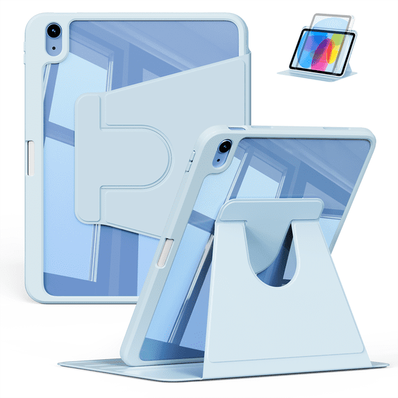 Kenke Rotating Case Compatible with iPad (A16) 11th/10th Generation (2025/2022), with Pencil Holder, Cover Clear Back Shockproof, 360 Degree Rotation Protective Stand, Auto Wake/Sleep, Light Blue