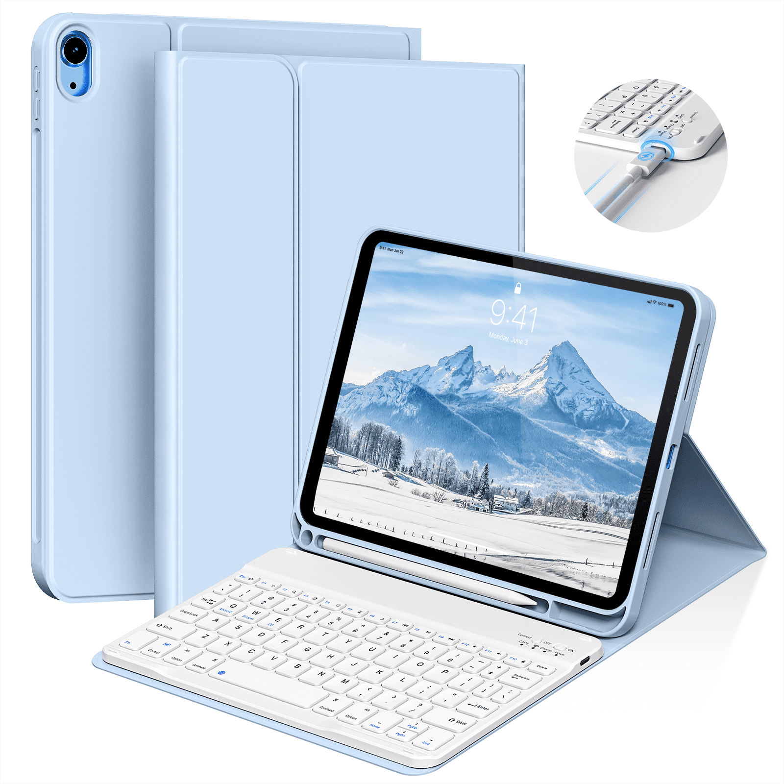 Kenke iPad (A16) 11th Generation 11 inch 2025 Keyboard Case,Case for iPad 10th Generation 10.9 inch 2022 Bluetooth Detachable -with Pencil Holder - Flip Stand Case - Keyboard Case, Light Blue