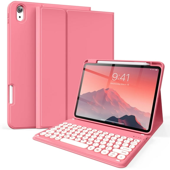 Kenke iPad (A16) 11th Generation 11 inch 2025 Keyboard Case,for iPad 10th Gen 10.9 Inch 2022 with Pencil Holder, with Keyboard Round Hat 7 Colors Backlit Case,Wireless Bluetooth Detachable,Pink Red