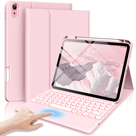 Kenke for iPad (A16) 11th/10th Gen 11/10.9 inch 2025/2020 case with Keyboard, Round Key, 7 Color Backlit, Multi-Touch Trackpad, Detachable Wireless Keyboard, Folio Cover with Pencil Holder,Light Pink