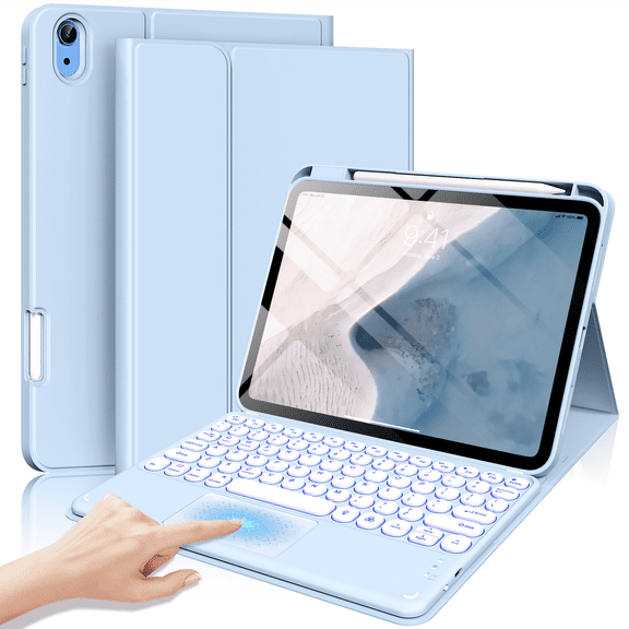 Kenke for iPad (A16) 11th/10th Gen 11/10.9 inch 2025/2020 case with Keyboard, Round Key, 7 Color Backlit, Multi-Touch Trackpad, Detachable Wireless Keyboard, Folio Cover with Pencil Holder,Light Blue