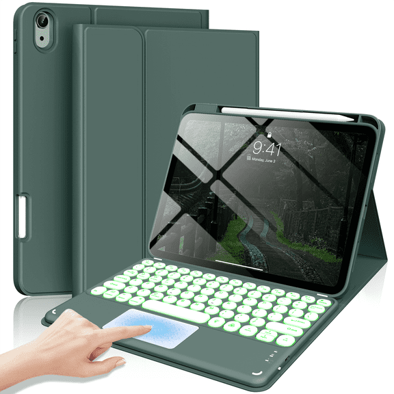 Kenke Compatible with iPad (A16) 11th/10th Gen 11/10.9 inch 2025/2020 Case with Keyboard, Round Key, 7 Color Backlit, Multi-Touch Trackpad, Detachable Wireless Keyboard, with Pencil Holder,Dark Green