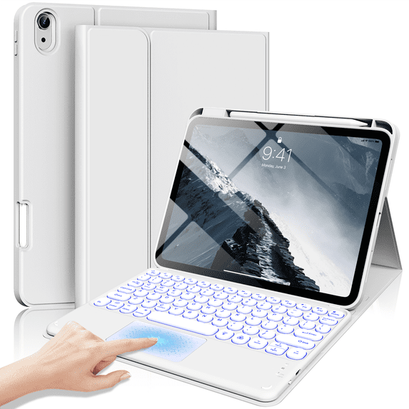 Kenke for iPad (A16) 11th/10th Gen 11/10.9 inch 2025/2020 case with Keyboard, Round Key, 7 Color Backlit, Multi-Touch Trackpad, Detachable Wireless Keyboard, Folio Cover with Pencil Holder, Grey