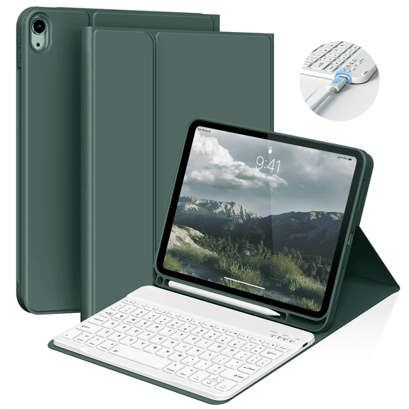 Kenke iPad (A16) 11th Generation 11 inch 2025 Keyboard Case,Case for iPad 10th Generation 10.9 inch 2022 Bluetooth Detachable -with Pencil Holder - Flip Stand Case - Keyboard Case, Dark Green