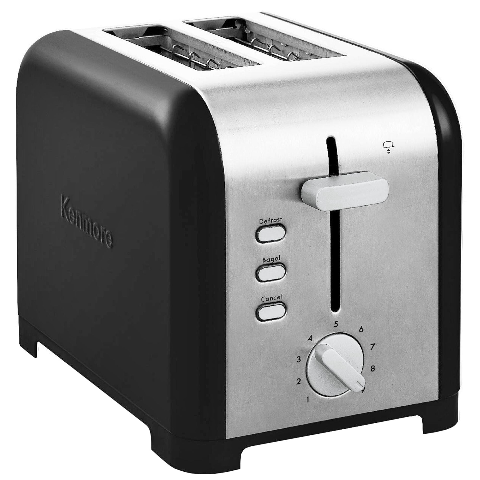 Kenmore 2-Slice Stainless Steel Toaster, Black and Silver, Extra Wide Slots, Bagel Defrost Functions, 9 Browning Levels, Removable Crumb Tray, For Bread, Toast, English Muffin, Toaster Strudel