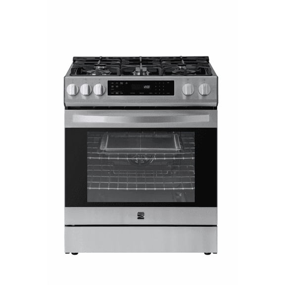 Kenmore 22-76843 5.6 cu. ft. Front-Control 5 Burner Convection Gas Range with Oven, Storage Drawer, Large Window, Dishwasher Safe Cast Iron Grates
