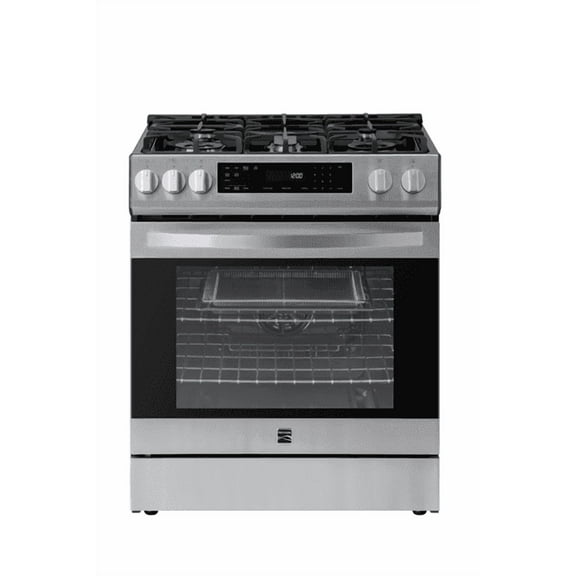 Kenmore 22-76843 5.6 cu. ft. Front-Control 5 Burner Convection Gas Range with Oven, Storage Drawer, Large Window, Dishwasher Safe Cast Iron Grates