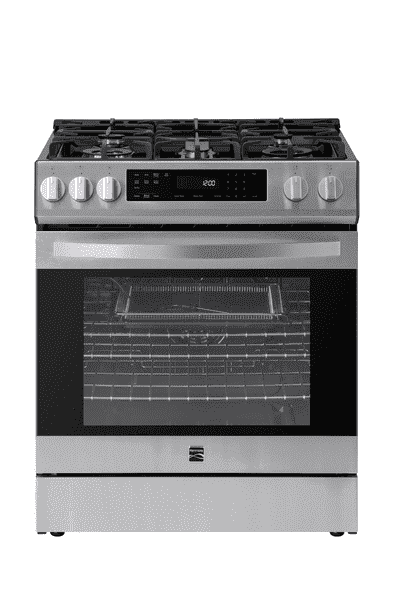 Kenmore 5.6 cu. ft. Front-Control 5 Burner True Convection Gas Range (240V) with Oven, Large Window, Three Oven Racks, Dishwasher Safe Cast Iron Grates