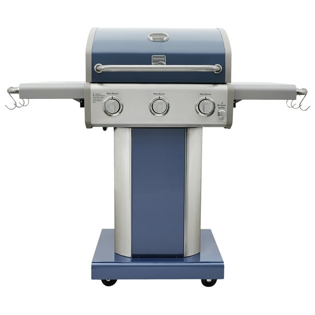 Kenmore 3-Burner Gas Grill, Outdoor BBQ Grill, Propane Grill with Foldable Side Tables, Azure Blue