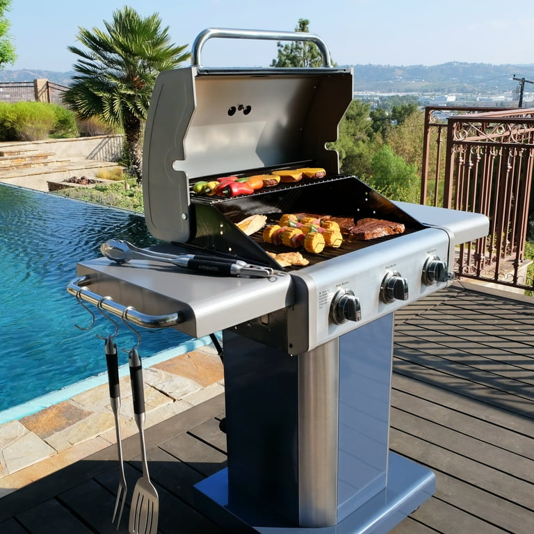Kenmore 3 Burner Gas Grill Outdoor BBQ Grill Propane Grill with Foldable Side Tables Azure Blue