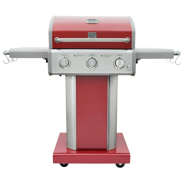 Kenmore 3-Burner Gas Grill, Outdoor BBQ Grill, Propane Grill with Foldable Side Tables, Red