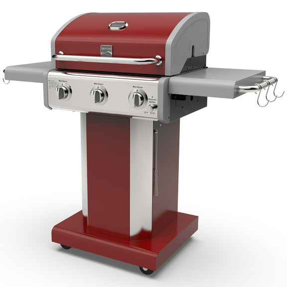 Kenmore 3-Burner Gas Grill, Outdoor BBQ Grill, Propane Grill with Foldable Side Tables, Red