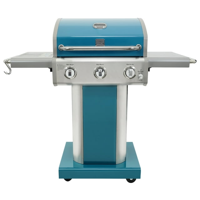 Kenmore 3-Burner Gas Grill, Outdoor BBQ Grill, Propane Grill with Foldable Side Tables, Teal Green