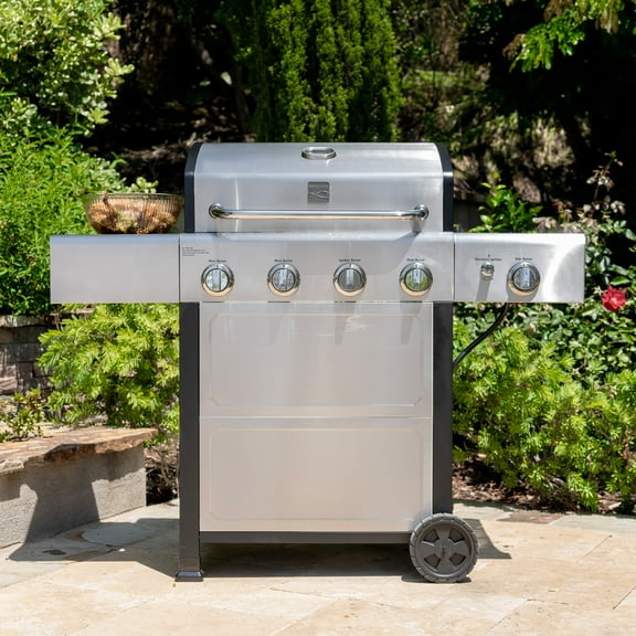 Kenmore 4-Burner Outdoor Propane Gas Grill with Side Burner, Open Cart, Stainless Steel