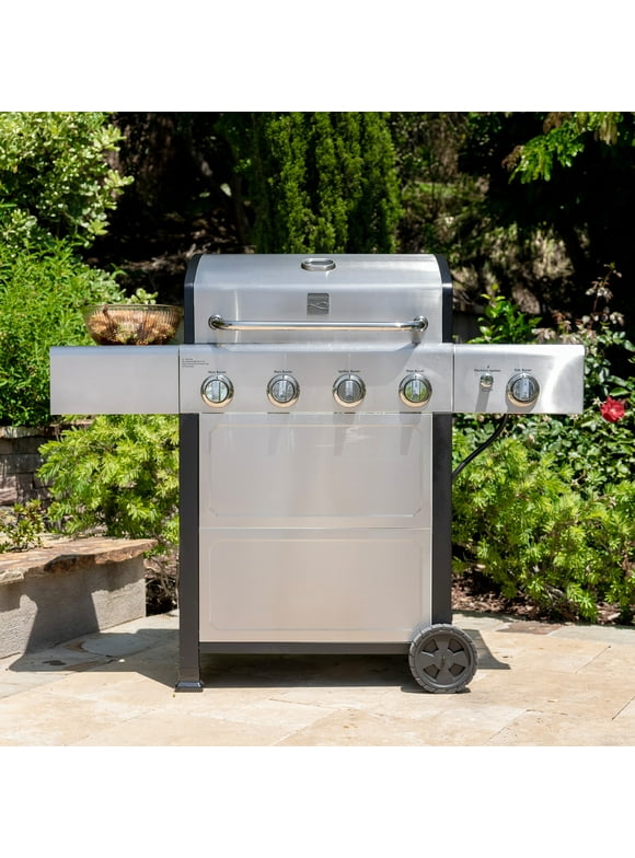 Kenmore 4-Burner Outdoor Propane Gas Grill with Side Burner, Open Cart, Stainless Steel