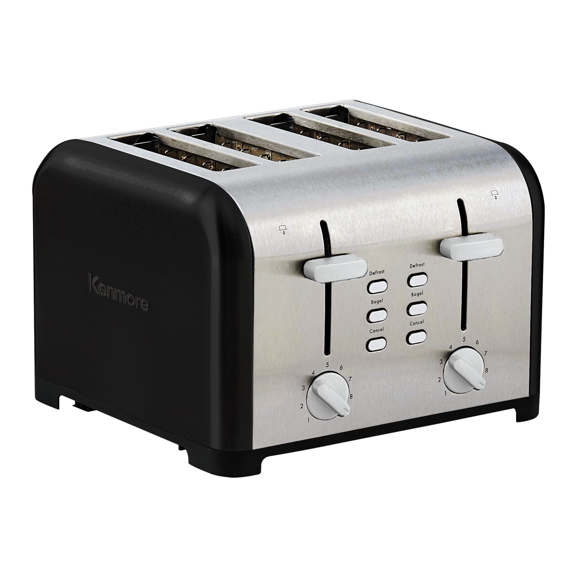 Kenmore 4-Slice Stainless Steel Toaster, Black & Silver, Dual Controls, Extra Wide Slots, Bagel & Defrost, 9 Browning Levels, Removable Crumb Trays, For Bread, Toast, English Muffin, Toaster Strudel