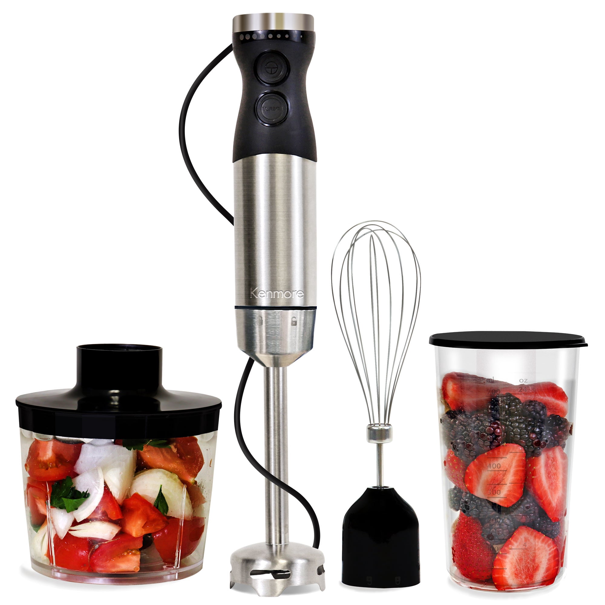 Kenmore Variable Speed Immersion Blender With Food Chopper & Whisk | Hand Blender With Turbo Pulse | Stainless Steel Quad Blades | Handheld Blending Stick | 700mL Beaker & Storage Lid Black & Silver