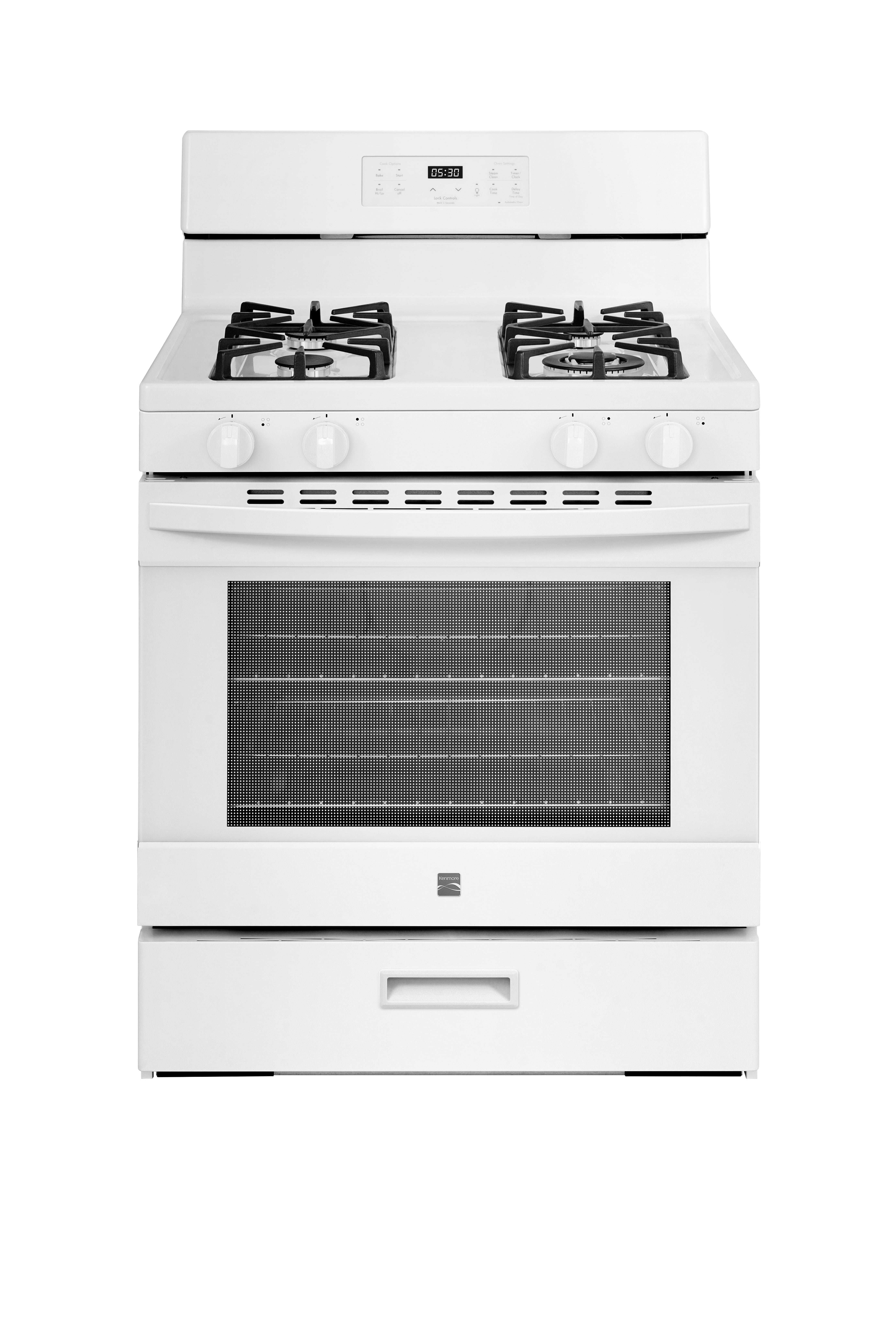 Kenmore 30" Rear-Control 4-Burner Gas Range with Oven with Cast Iron Grates, Steam Clean, White, 5.2 Cu. ft