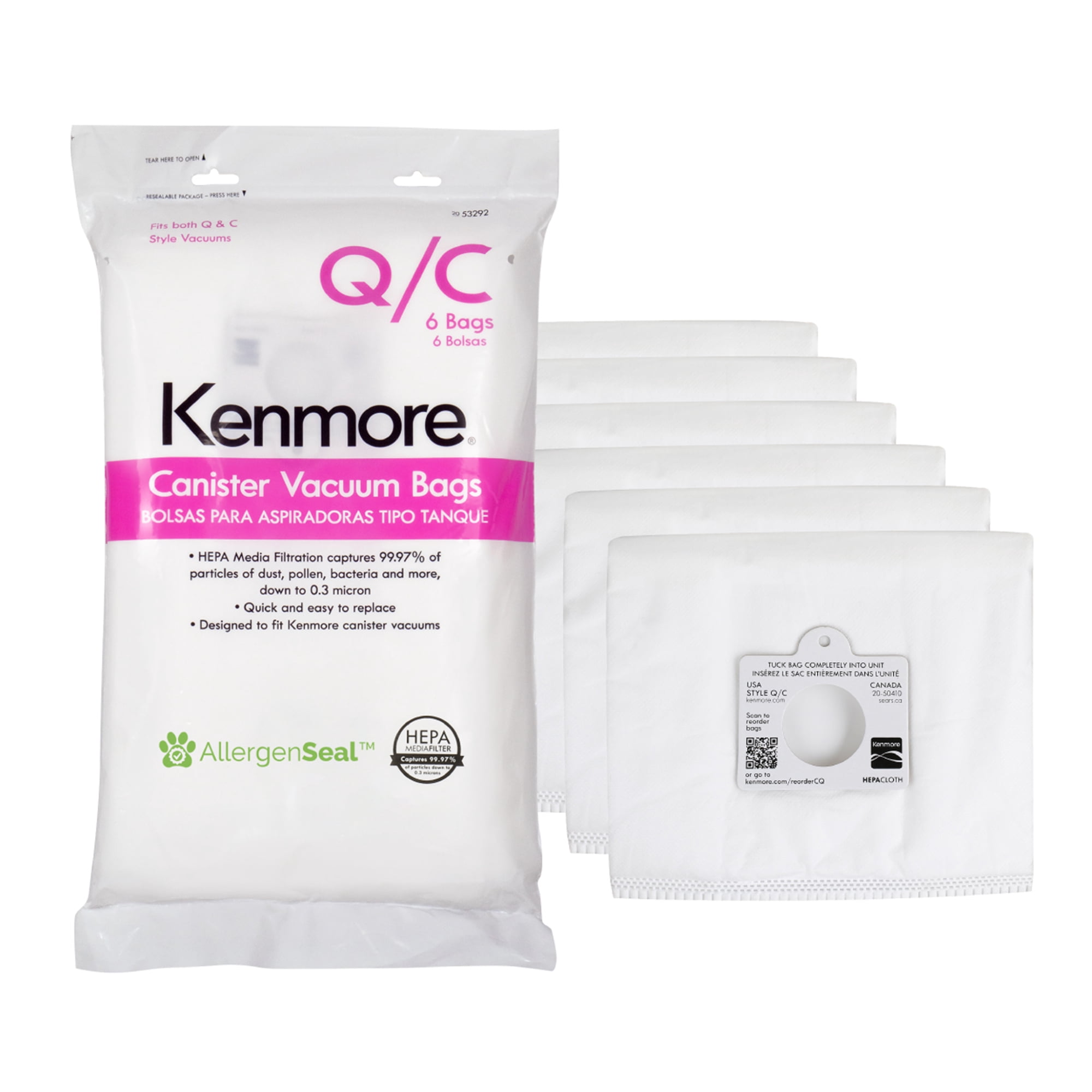 Kenmore 53292 Type Q Replacement Dust Bags for Canister Vacuums, 2.8L XL Capacity, 6-Pack, White