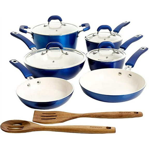 Kenmore Arlington Nonstick Ceramic Coated Forged Aluminum Induction Cookware, 12-Piece Set, Metallic Blue