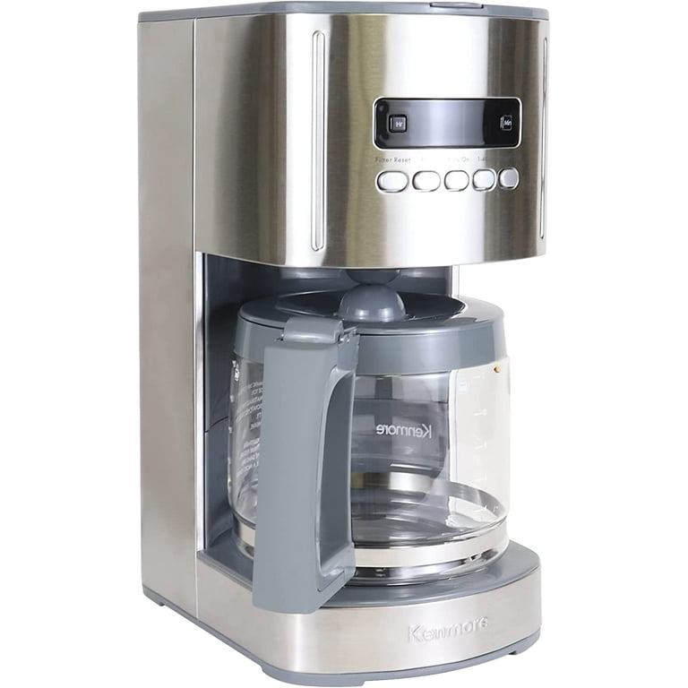Kenmore Aroma Control 12 Cup Programmable Coffee Maker Stainless Steel Drip Coffee Machine Glass Carafe Reusable Filter Timer Digital Display Charcoal
