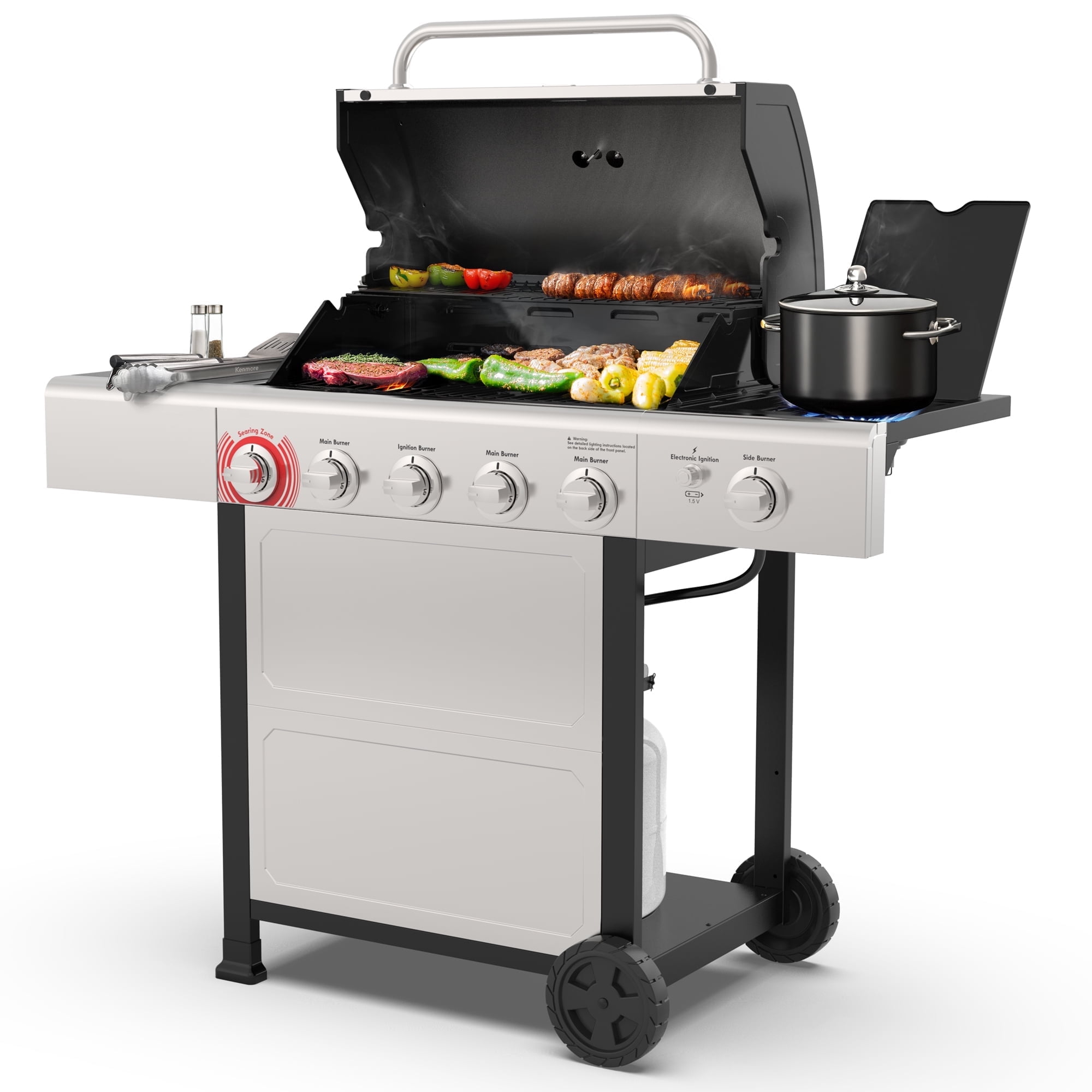 Kenmore BBQ Propane Gas Grill - 5 Burners with Side Burner & Searing Zone, 644 Sq. In. Stainless Steel Grill, 66,000 BTU, Ideal for Outdoor Cooking, Patio & Backyard, Silver