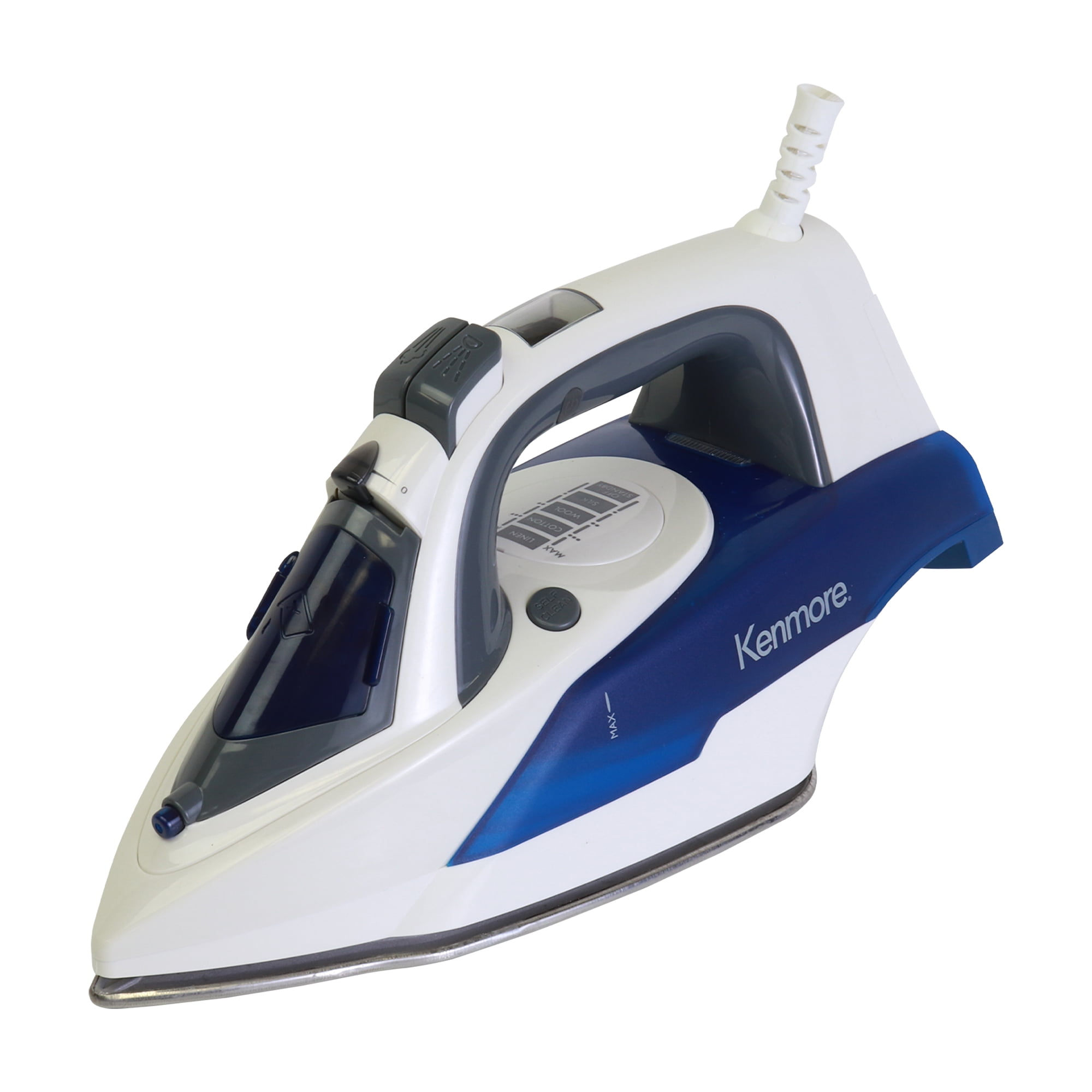 Kenmore White and Blue Digital Steam Iron with Stainless Steel Soleplate