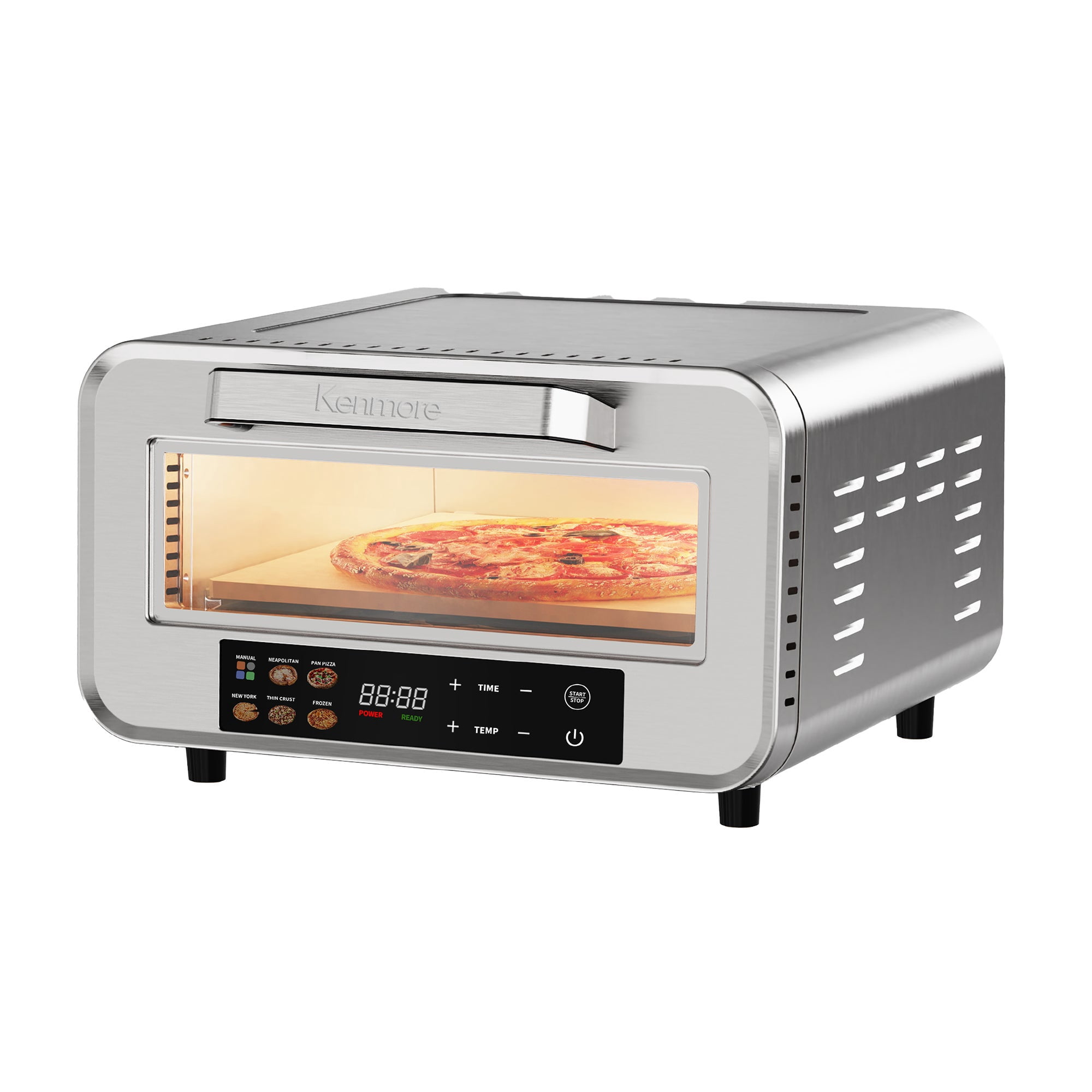 Kenmore Indoor Electric Pizza Oven - Cook 12" Pizza In Minutes | Heats To 750F For Wood Fired Taste | Portable Countertop Pizza Maker | 5 One-Touch Presets | Pizza Stone & Peel | Stainless Steel