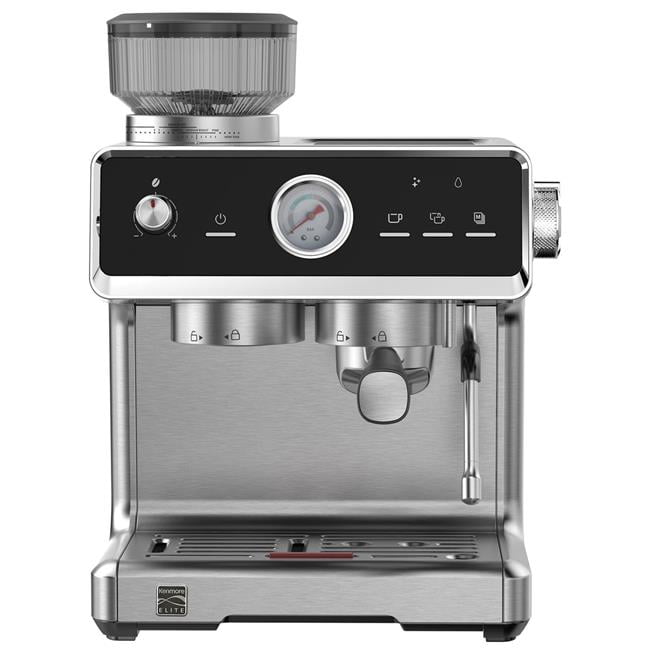Kenmore KKECMEAT 120V 1850W Elite Stainless Steel Self Tamp Espresso Machine with Grinder & Frother, Silver & Black