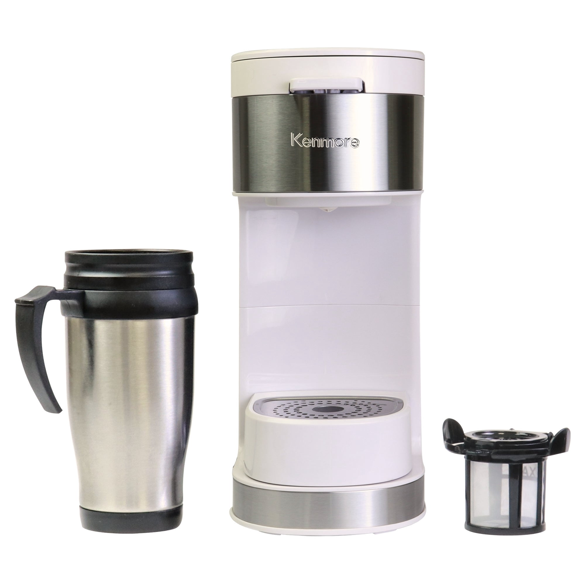 Kenmore Single Serve Coffee Maker with Stainless Steel Travel Mug, White