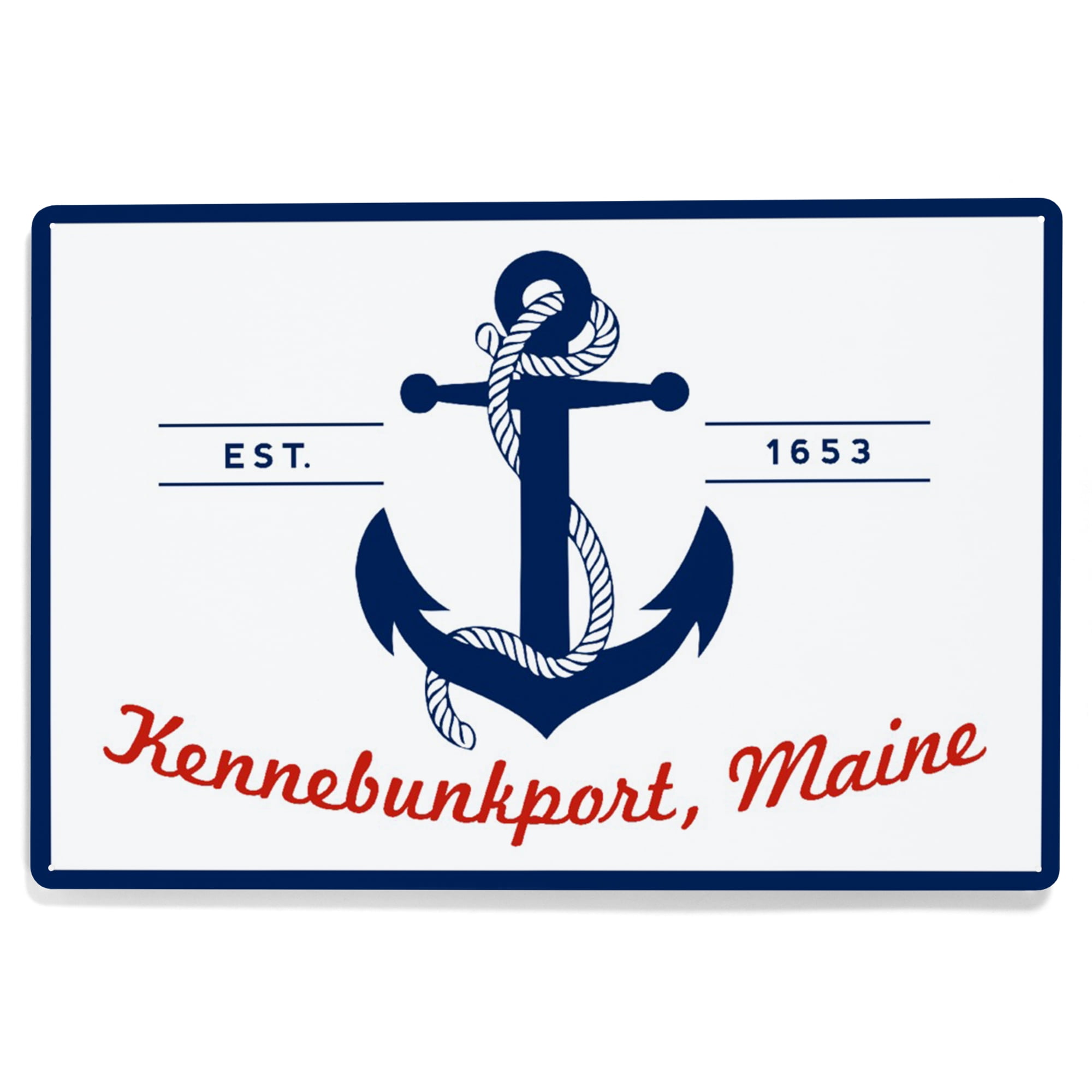 Kennebunkport, Maine, Blue and White Anchor, Red Font (12x18 Aluminum