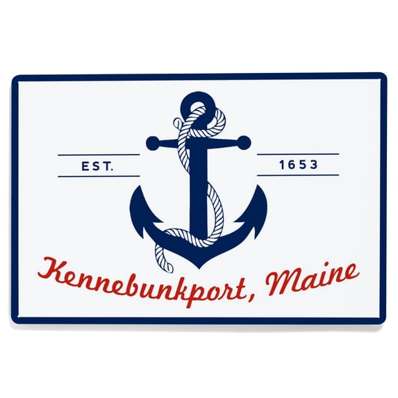 Kennebunkport, Maine, Blue and White Anchor, Red Font (12x18 Aluminum Art, Indoor Outdoor Metal Sign Decor)