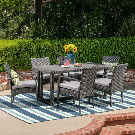 Noble House Harlowe 7 Piece Wicker Patio Dining Set in Gray